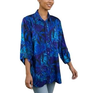 Brownstone Studio Size 1X Blouse Blues Tabbed Slevs Tunic Plus Size Made USA Vtg